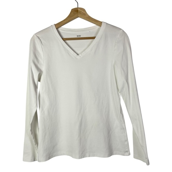 Uniqlo White V-Neck Cotton Long Sleeve T-Shirt M - Picture 2 of 4